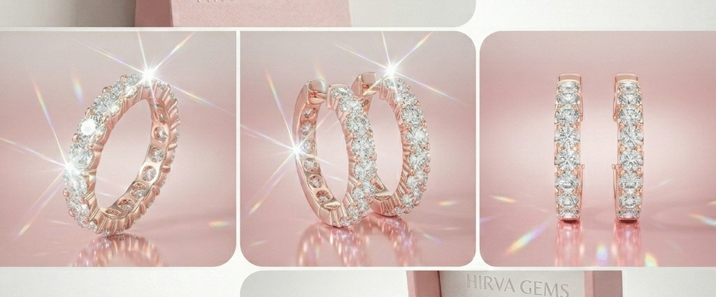 14K rose gold diamond hoop earrings by Hirva Gems with sparkling round diamonds, perfect luxury jewelry gift for women.