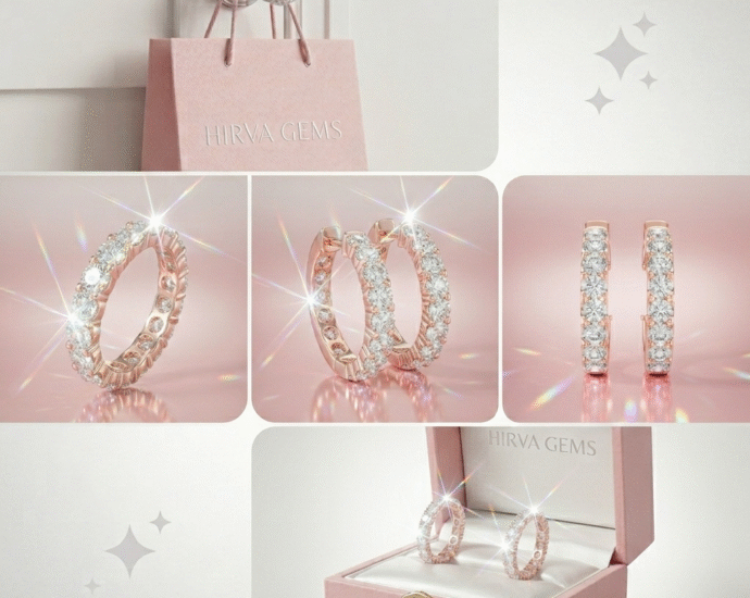 14K rose gold diamond hoop earrings by Hirva Gems with sparkling round diamonds, perfect luxury jewelry gift for women.